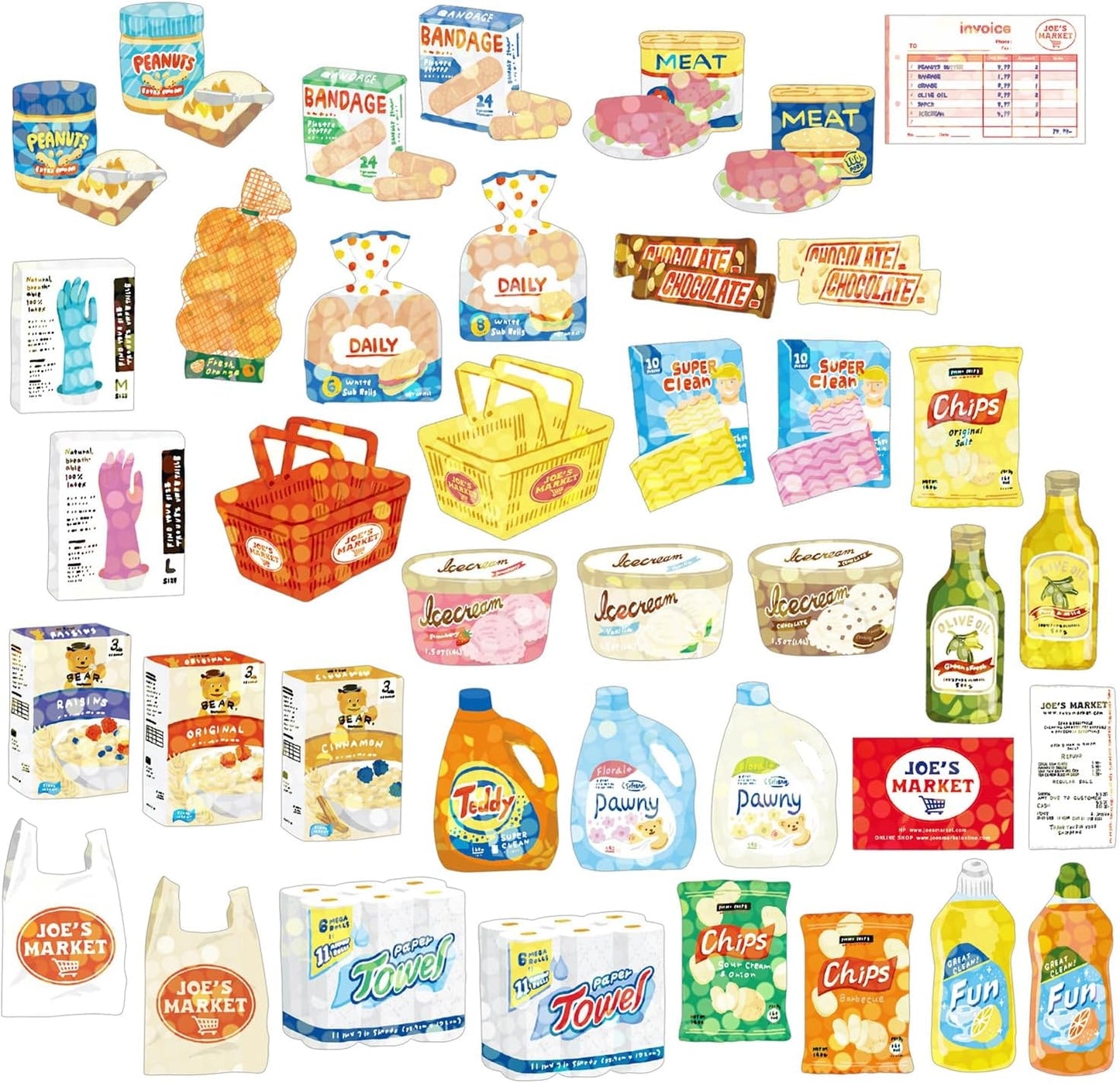 colourful-holographic-illustrated-supermarket-groceries-sticker-flatlay