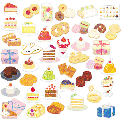 Collection of colorful illustrated holographic flake stickers featuring various desserts and pastries on a white background.