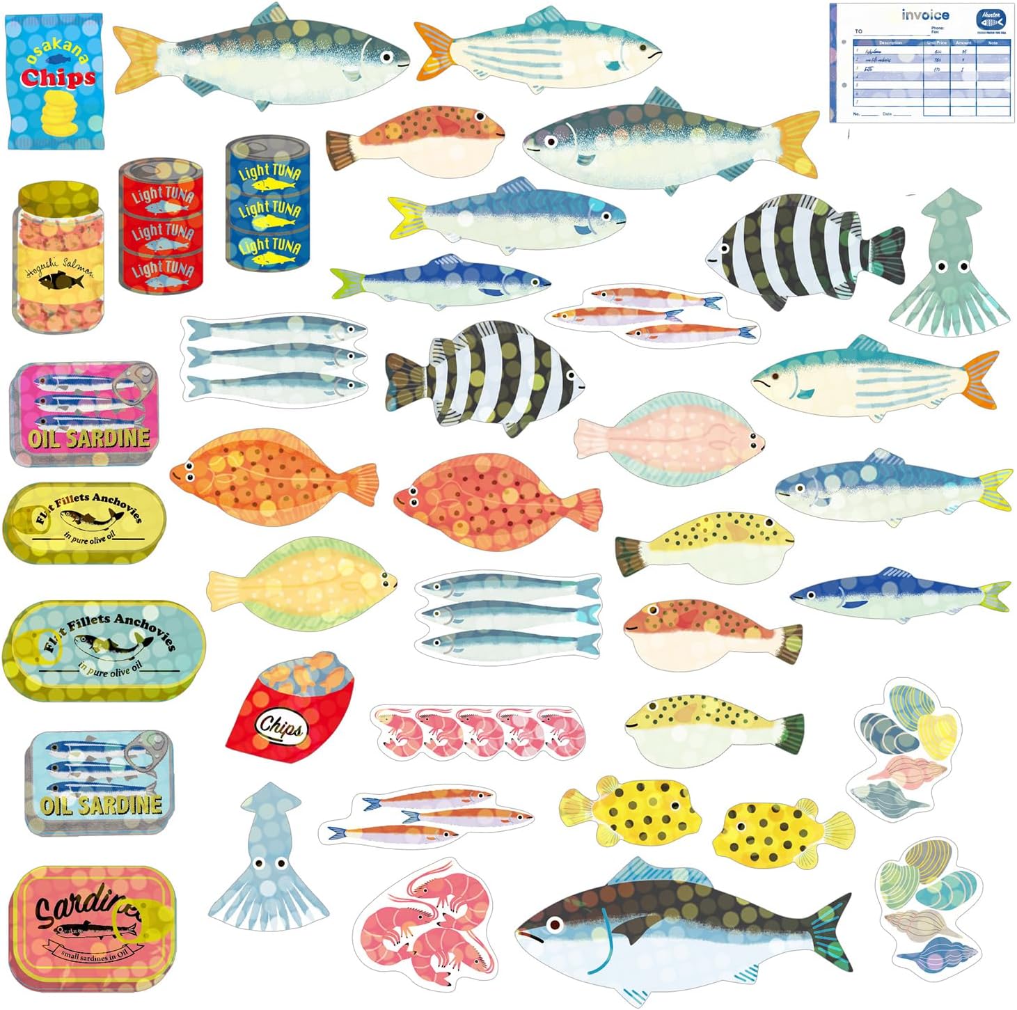 illustrated_holographic_fish_seafood_flakes_sticker_flatlay